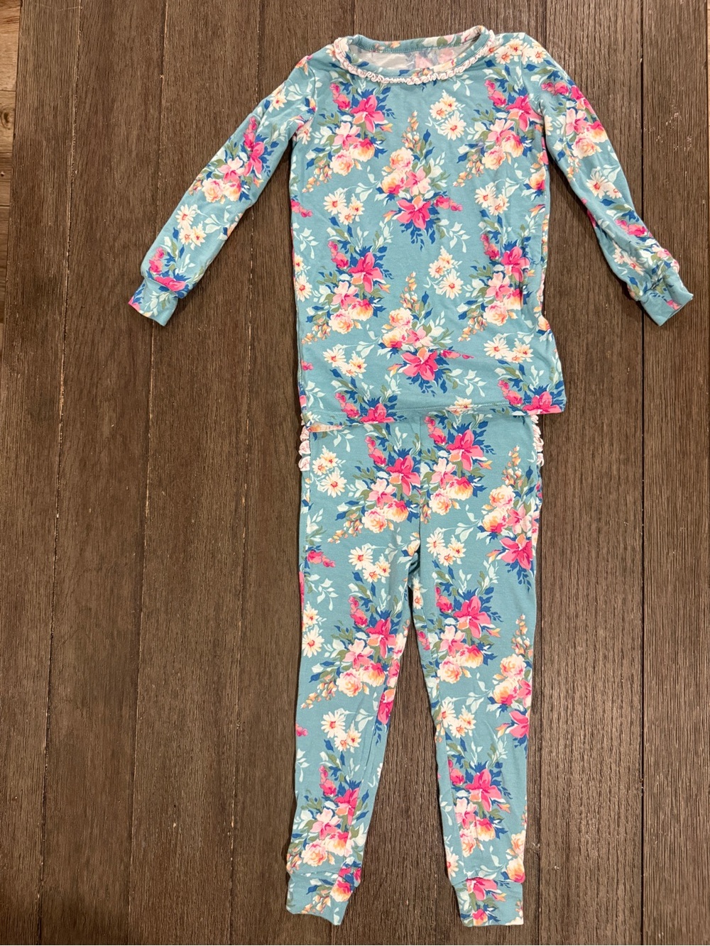 Ruffle Butts Aqua Floral Long-Sleeve Pajama Set with Pink & Cream Flowers